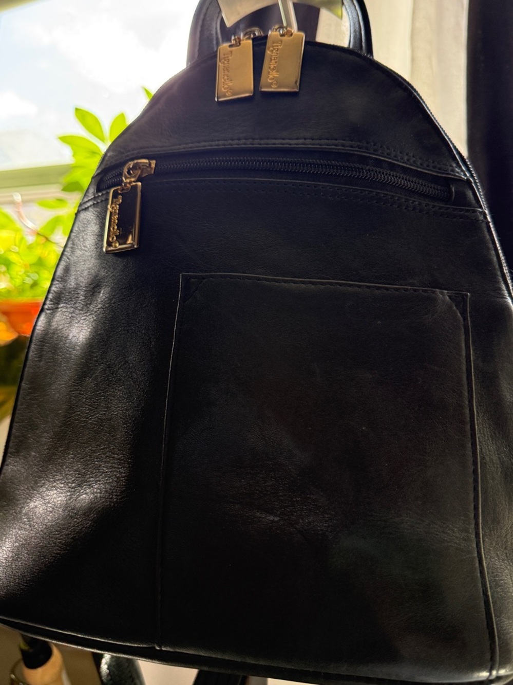 Tignanello Black Leather Backpack with Gold Hardware